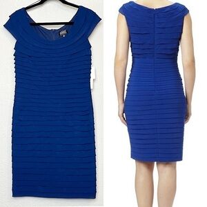 NWT ADRIANNA PAPELL Tiered Chiffon Scoop Neck Cap Sleeve Sheath Dress-Blue 10P